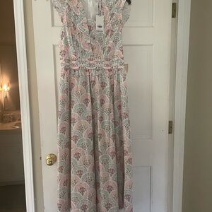 Ruffled V-Neck Floral Maxi Dress - Pink & Green